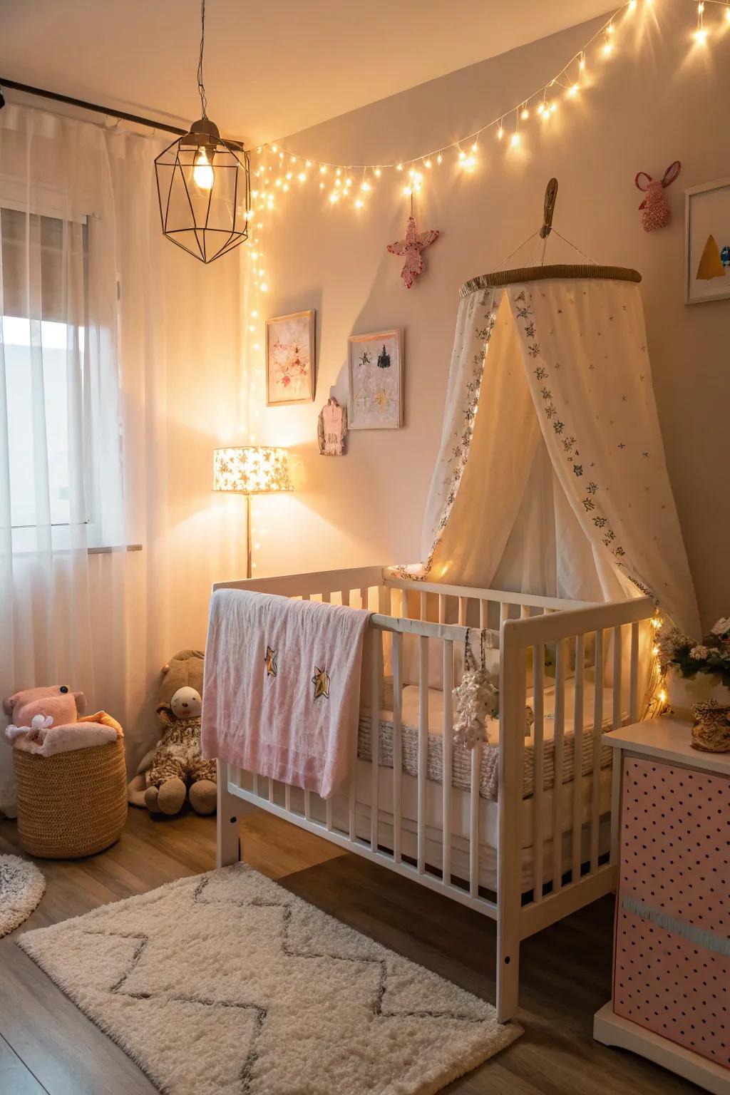 Gentle lighting fashions a calming environment in the nursery.