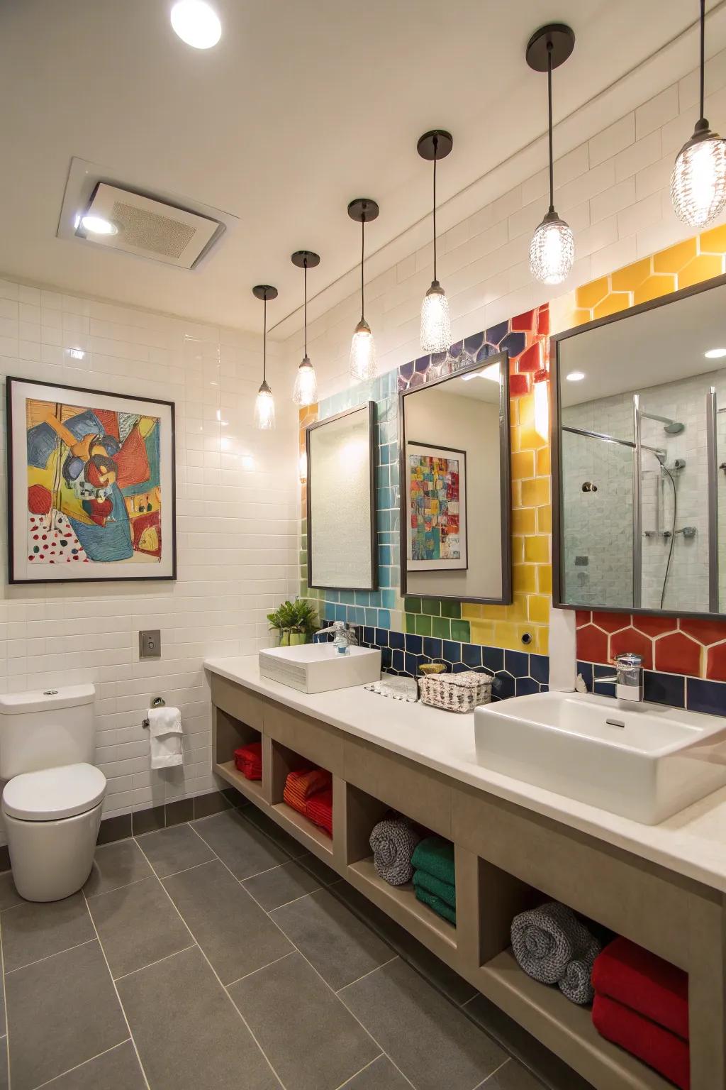 Modern illumination adds a modern touch to a boys' bathroom.