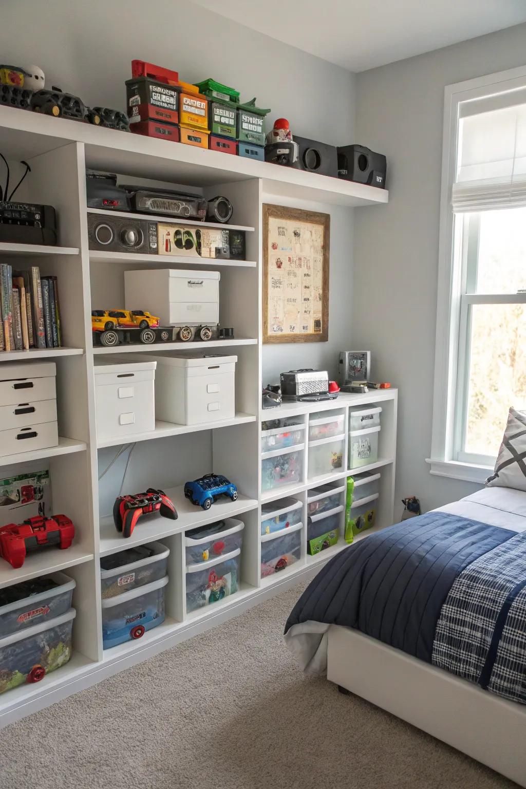 Shelves that are neatly arranged help keep all your gaming accessories in order.