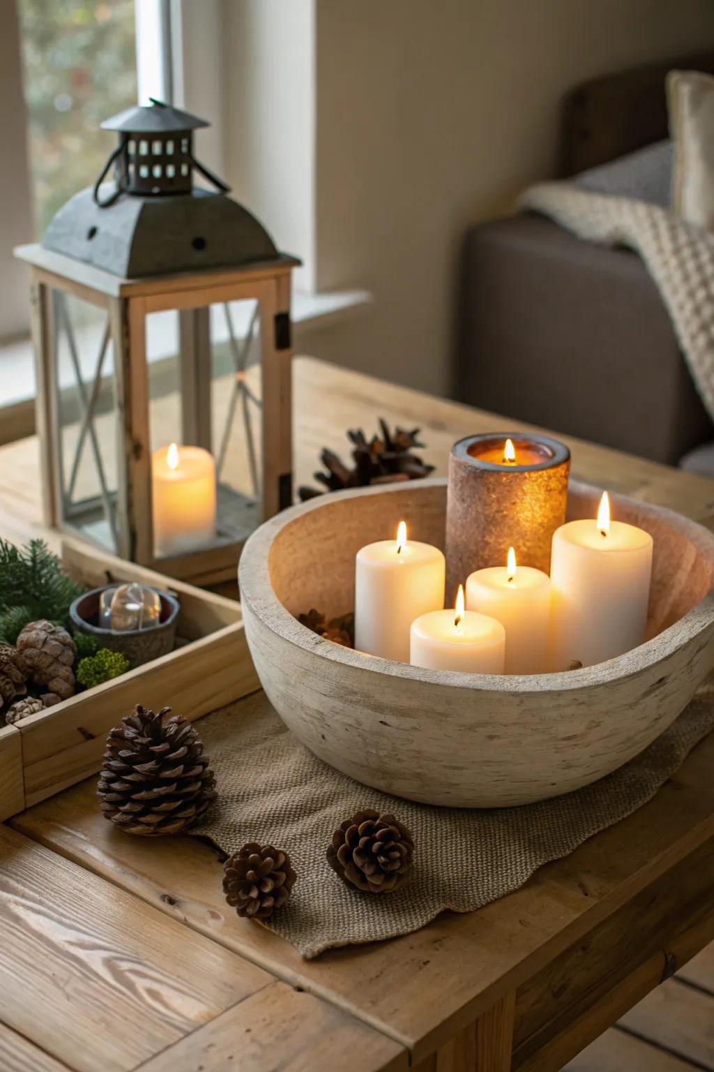 Create a relaxed atmosphere using candles and lanterns