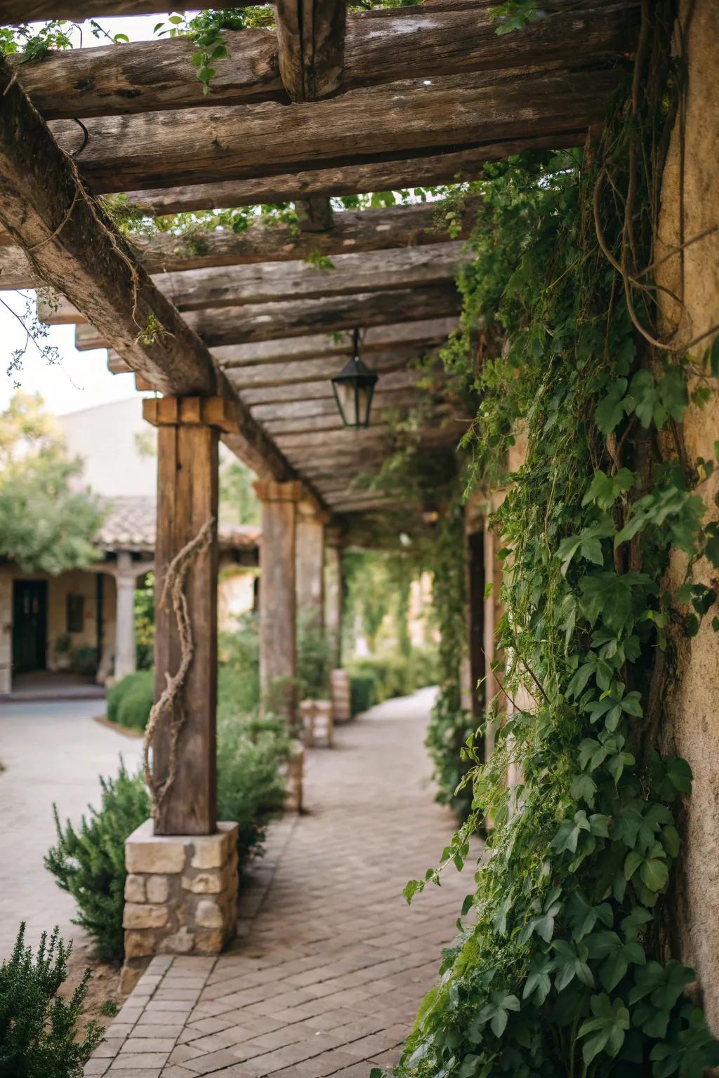 Rustic wood beams that lend warmth and charm to the breezeway.