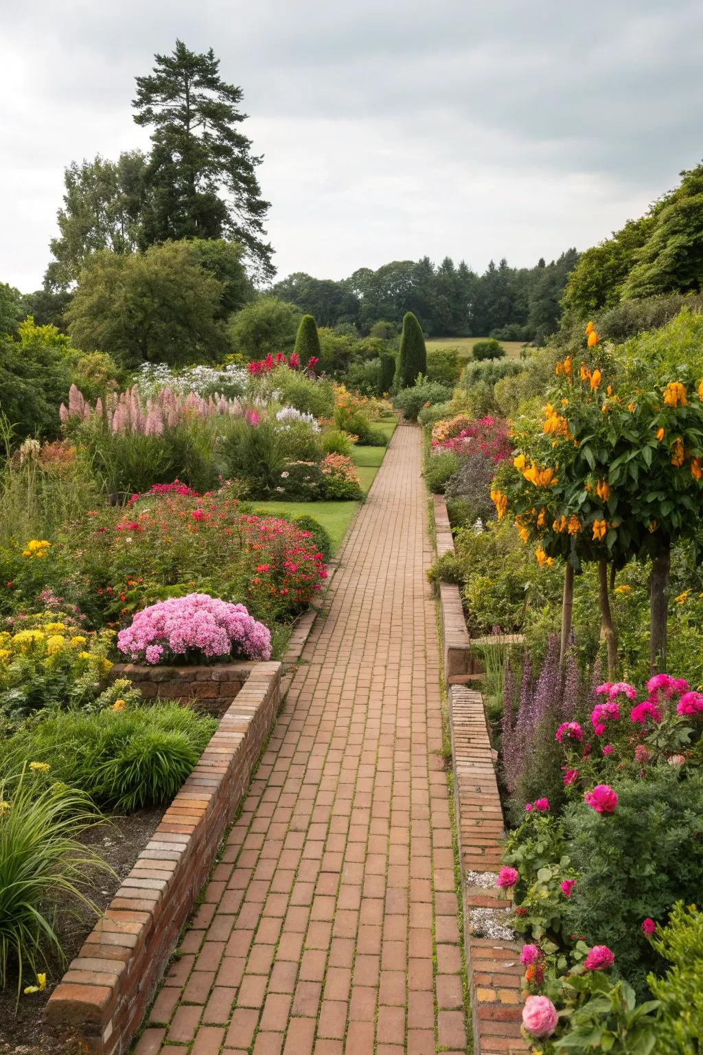 Pathways alongside brick beds ensure a fluid garden journey.