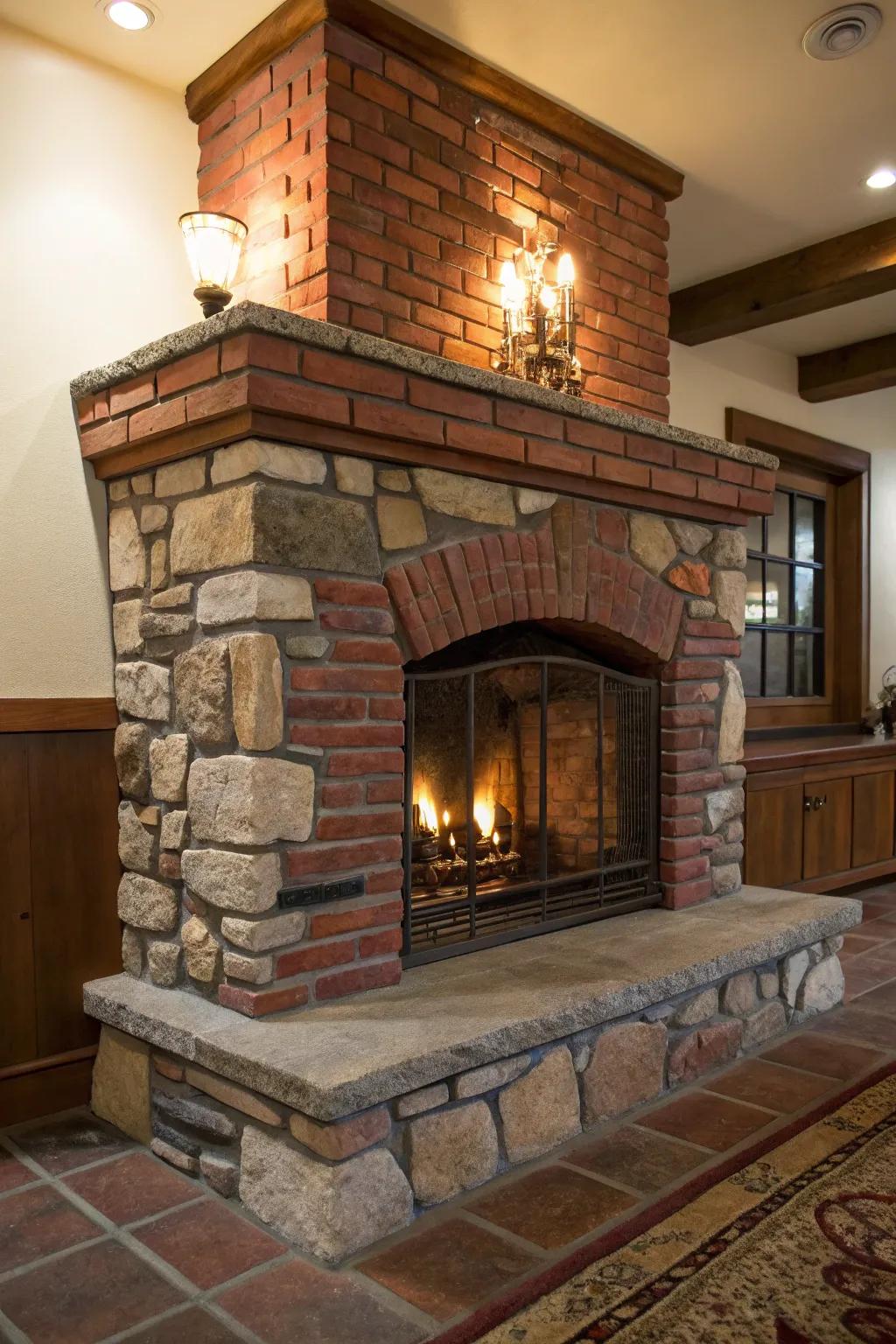 A hearth that combines brick and stone, offering a unique textured appeal.