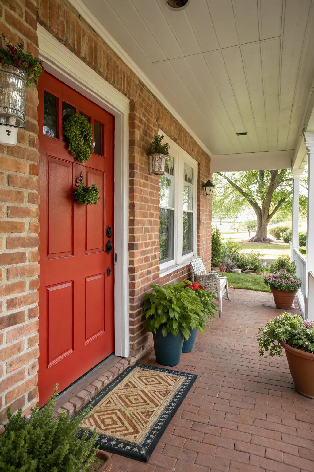 A striking red door adds a cheerful touch to this brick porch.