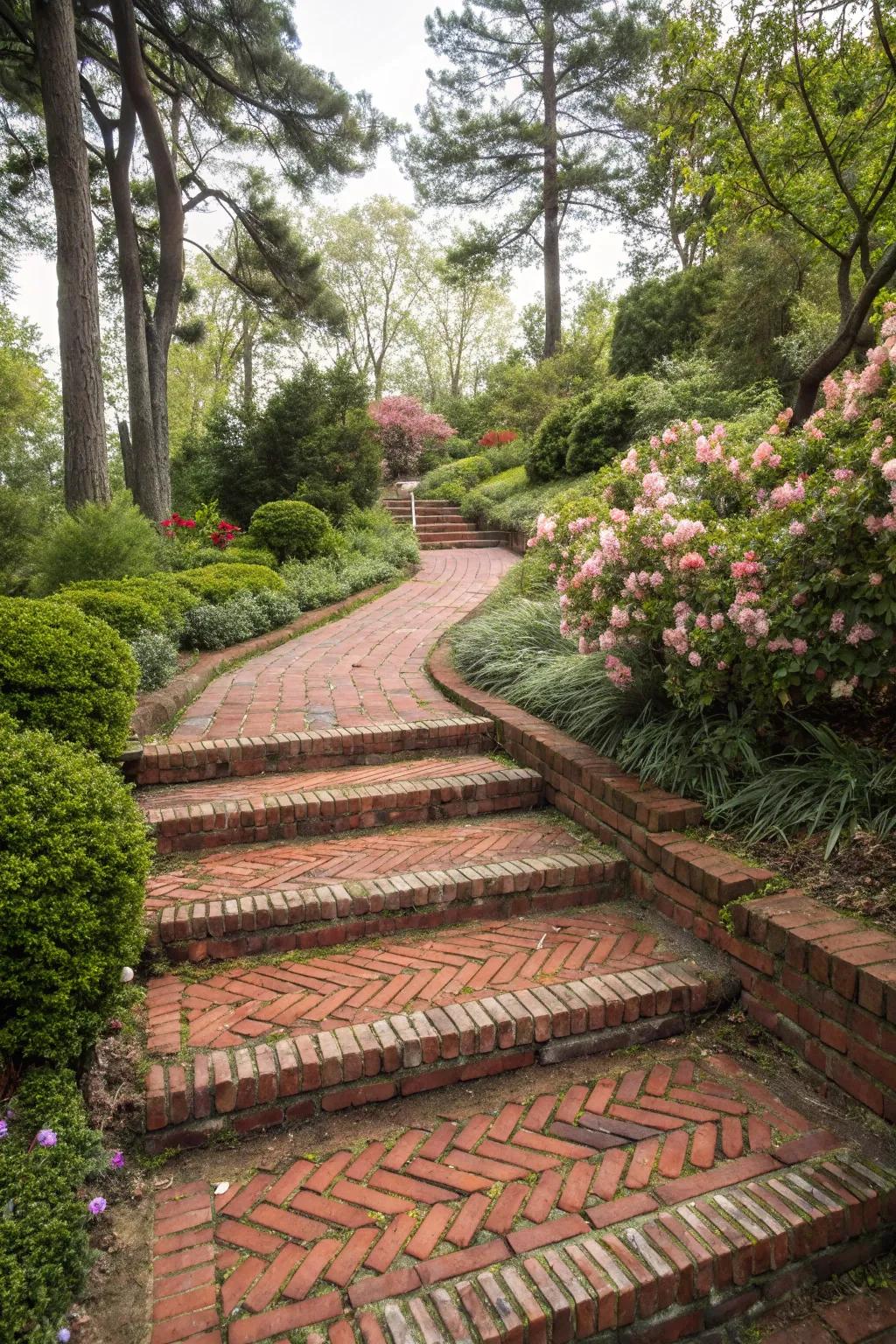 Herringbone brick steps presenting a fashionable blueprint.