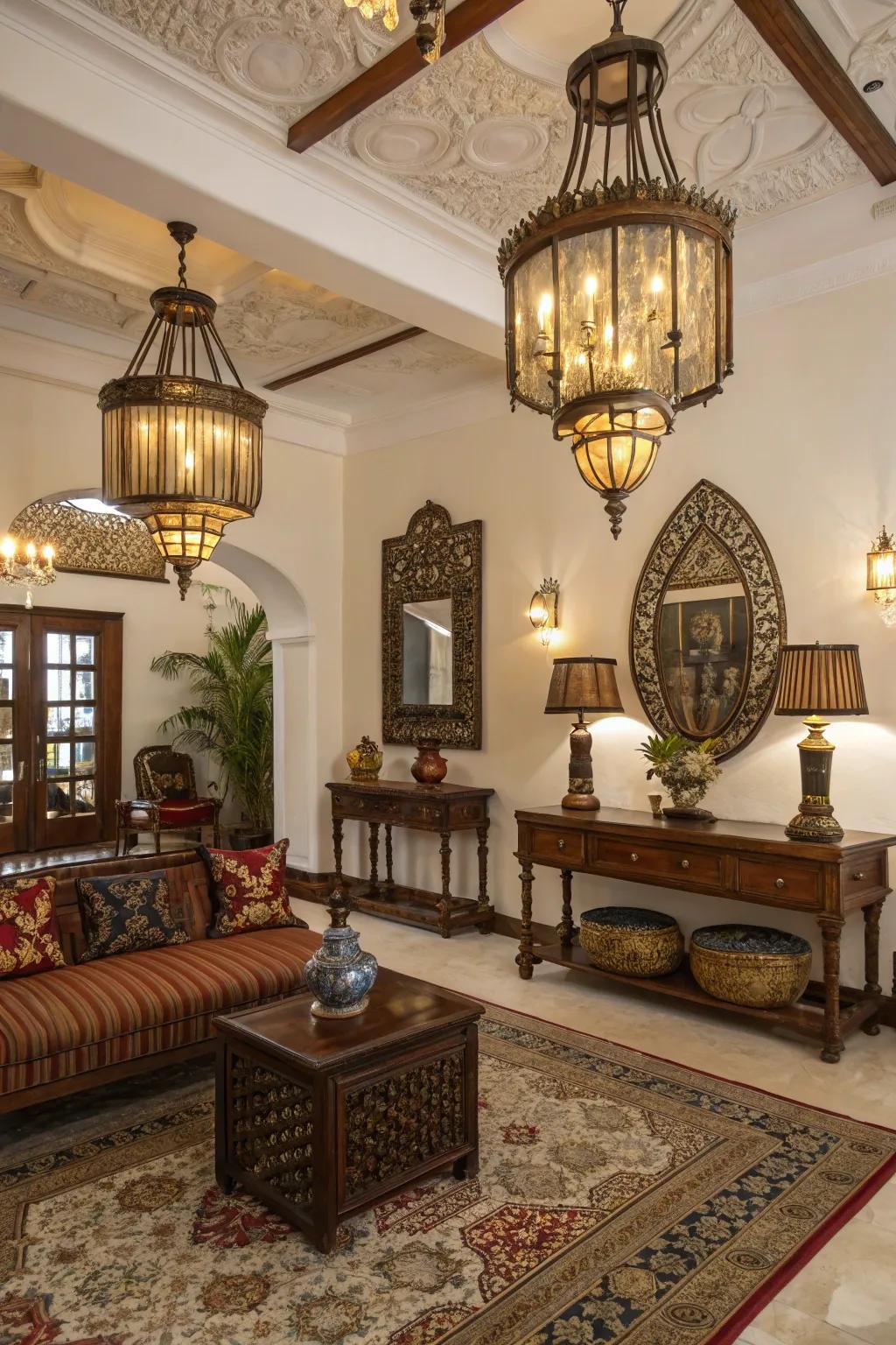 Brass and glass illumination elevates colonial refinement.