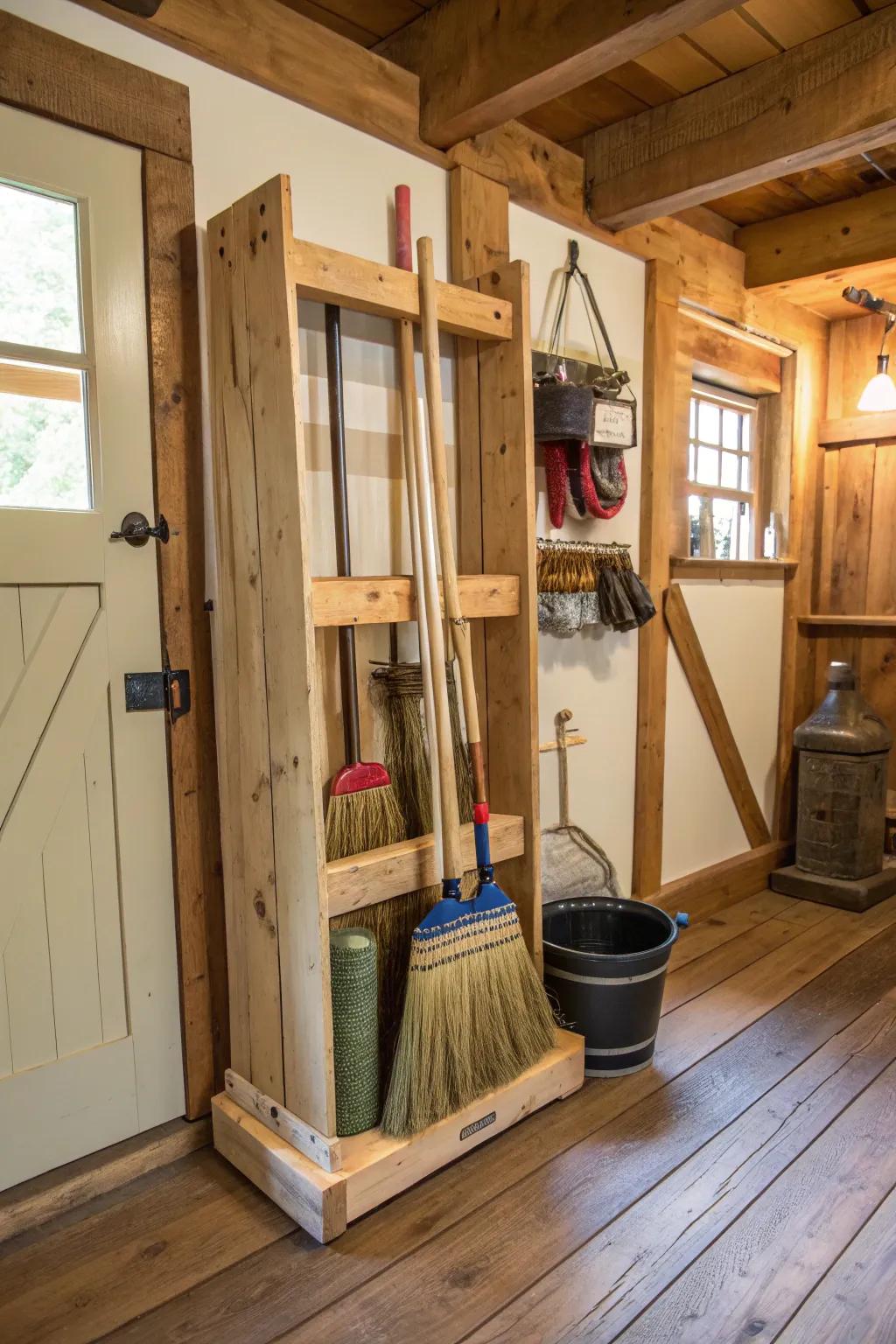 Handmade wood racks contribute a personal touch to storage.