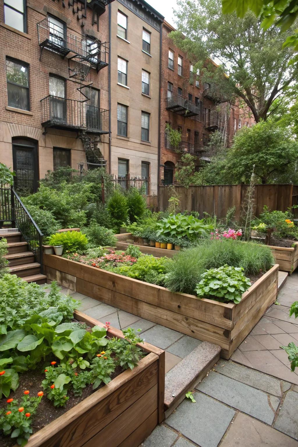 Layered landscaping adds dimension to this vibrant backyard.