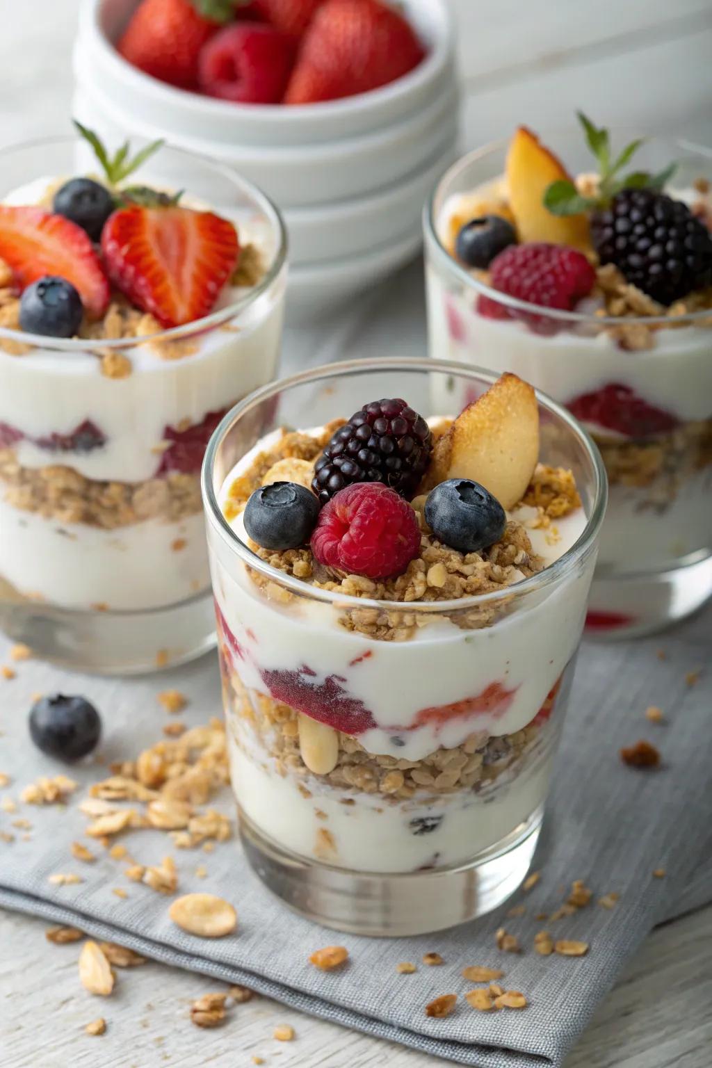 Wholesome cultured milk and grain crumble parfaits for visual appeal.