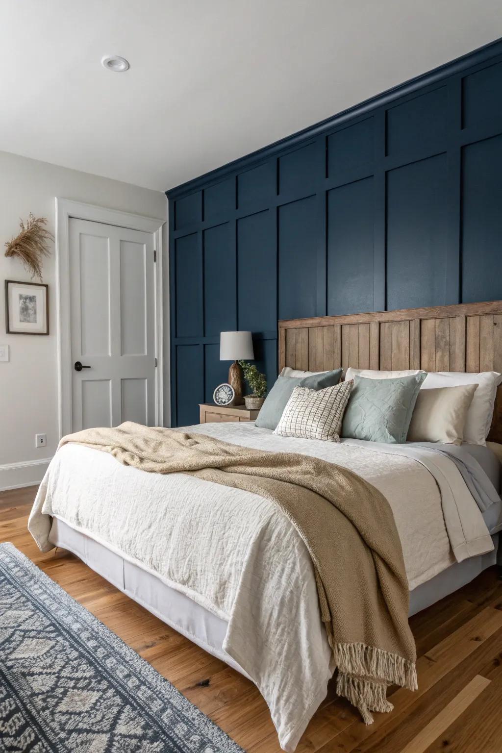An emphasized wall brings a pop of color and excitement to a simple bedroom.
