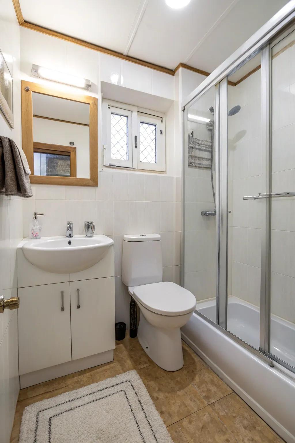 A minimalist design ensures this small bathroom remains uncluttered.