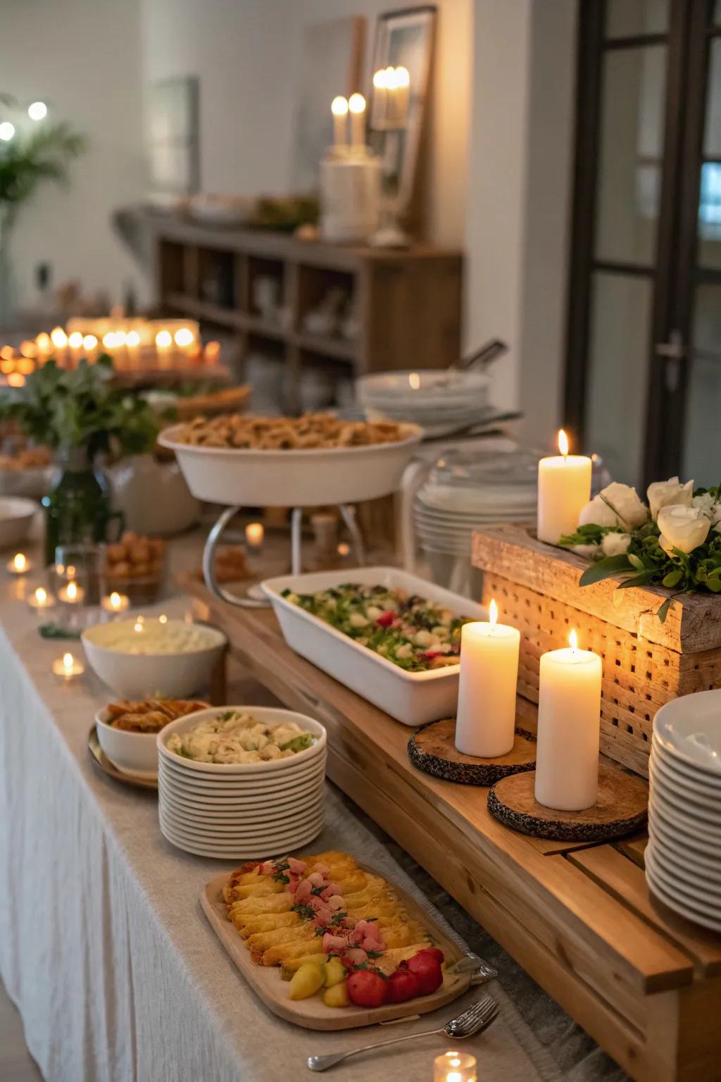 Candlelight casts a gentle glow across your buffet.