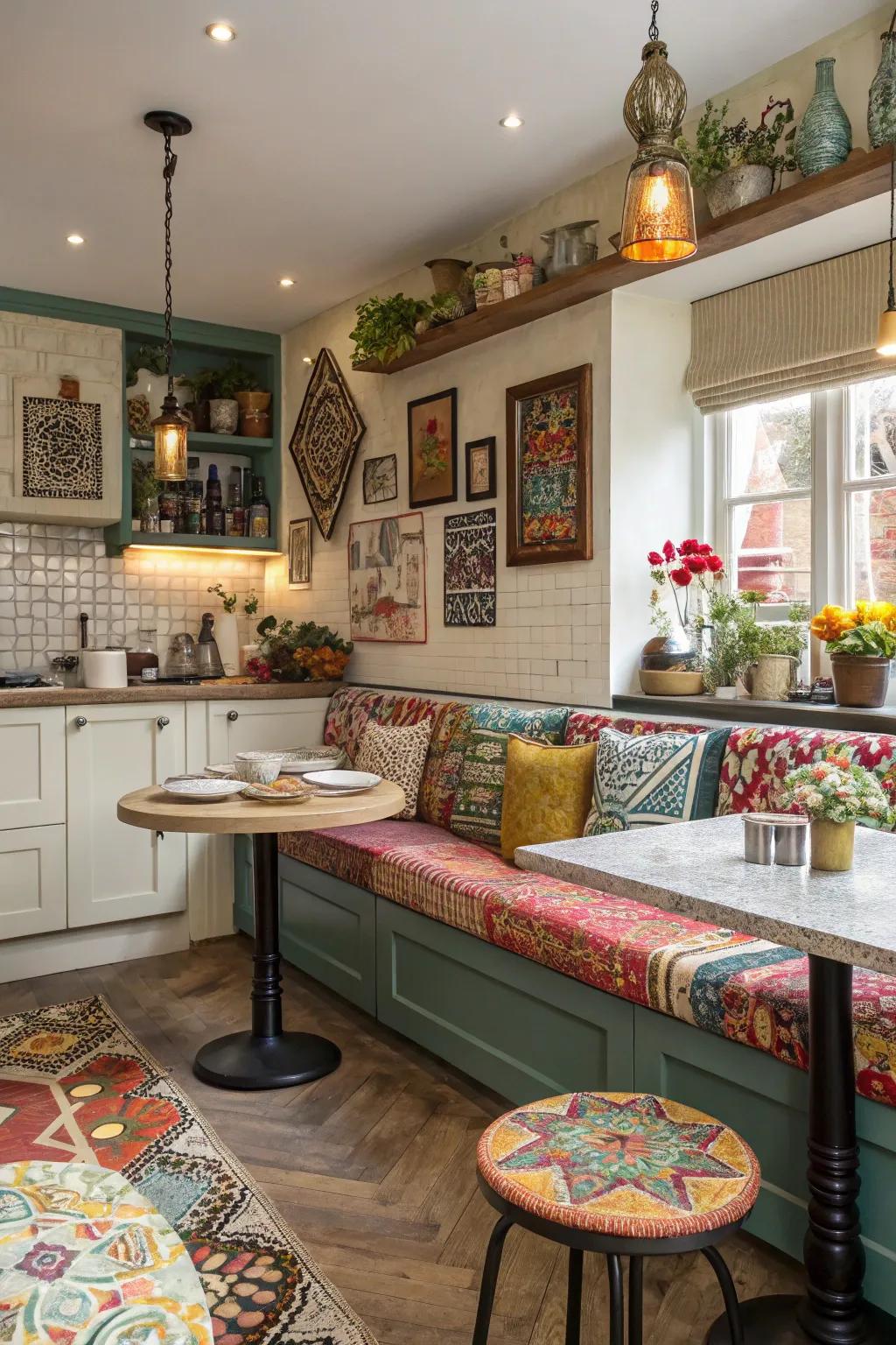A unique kitchen space featuring an eclectic blend of textures and patterns.