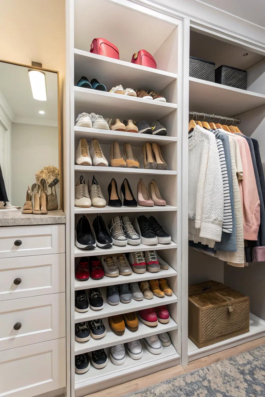 A dedicated shoe rack ensures footwear stays organized.