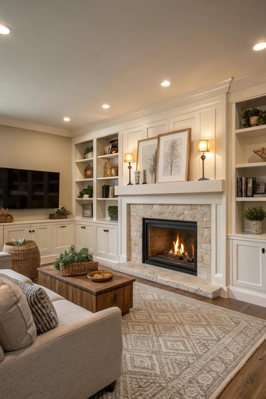 Hues that are neutral offer a classic, serene setting for a fireplace.
