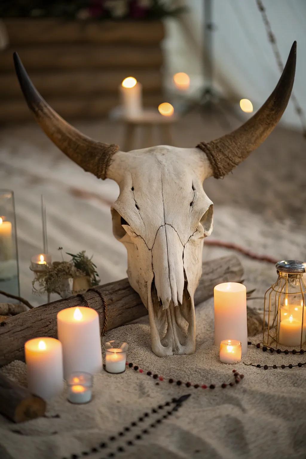 Comfy environment with lights around a cow skull.