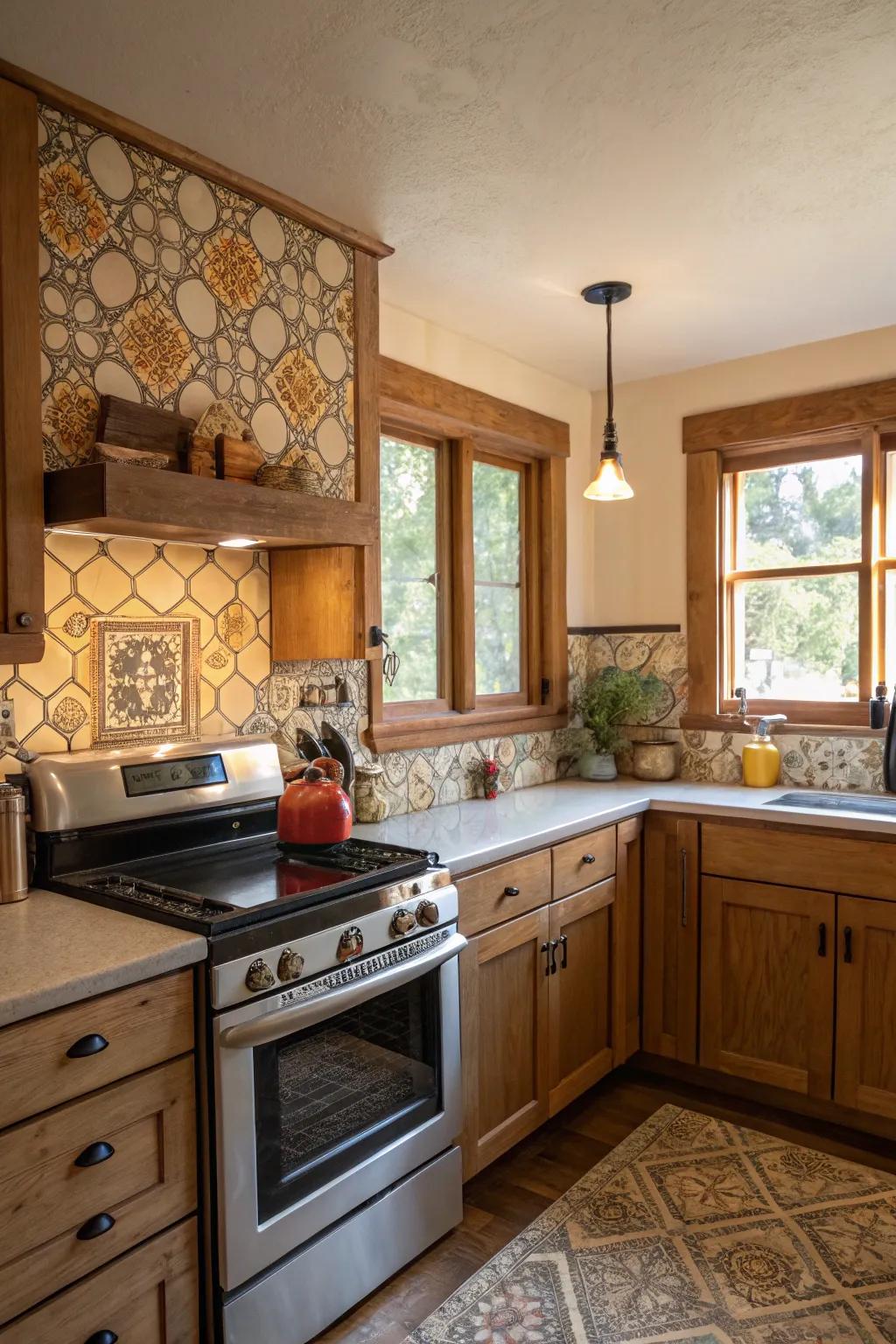 A cottage kitchen featuring a distinctive tile backsplash that adds character.