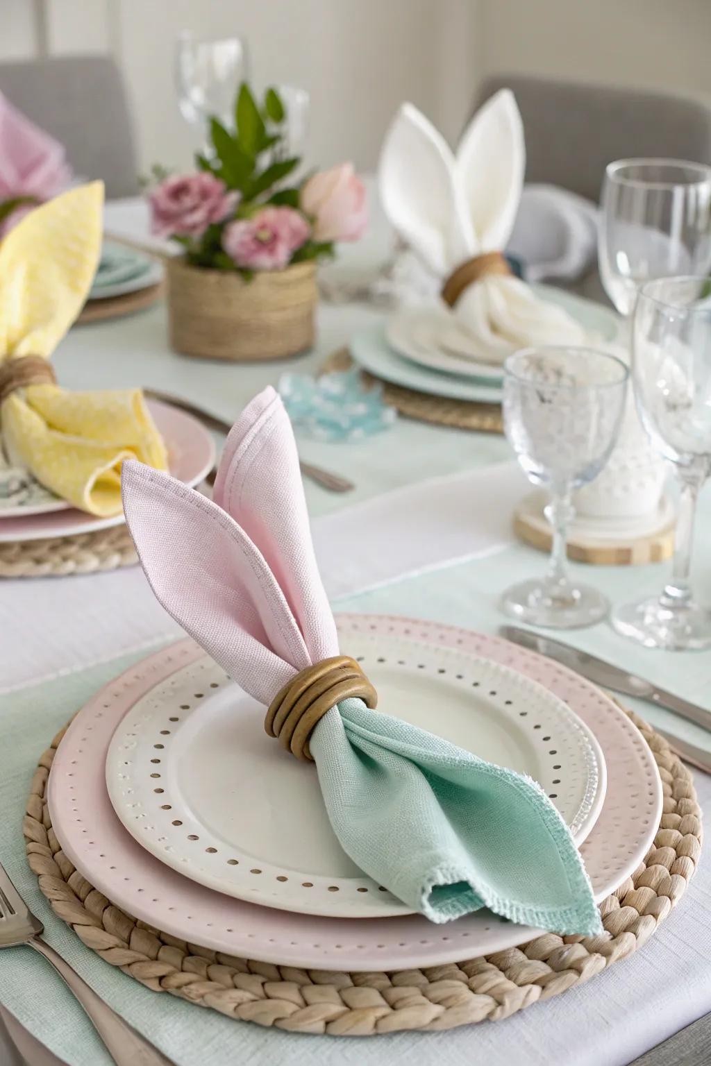 Whimsical rabbit ear textile rings add charm to the table.