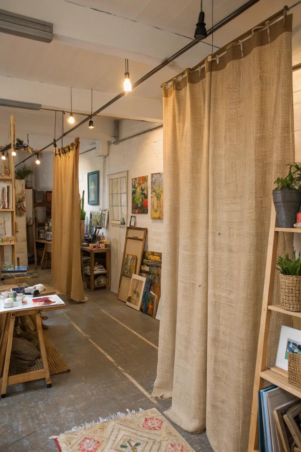 Imaginative separation delivered via hessian drape area dividers.