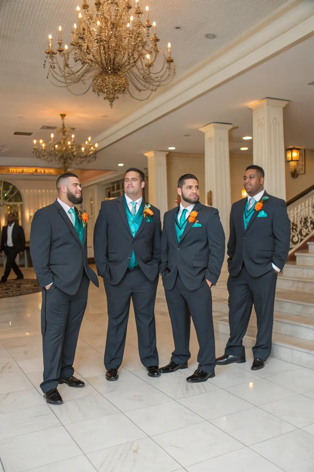 Groomsmen looking sharp in cerulean and rust orange.