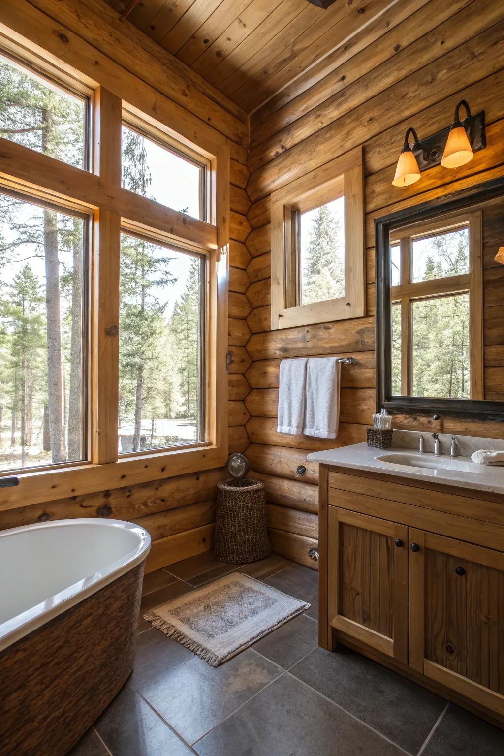 A cabin bathroom with expansive windows presenting a vista of the great outdoors.