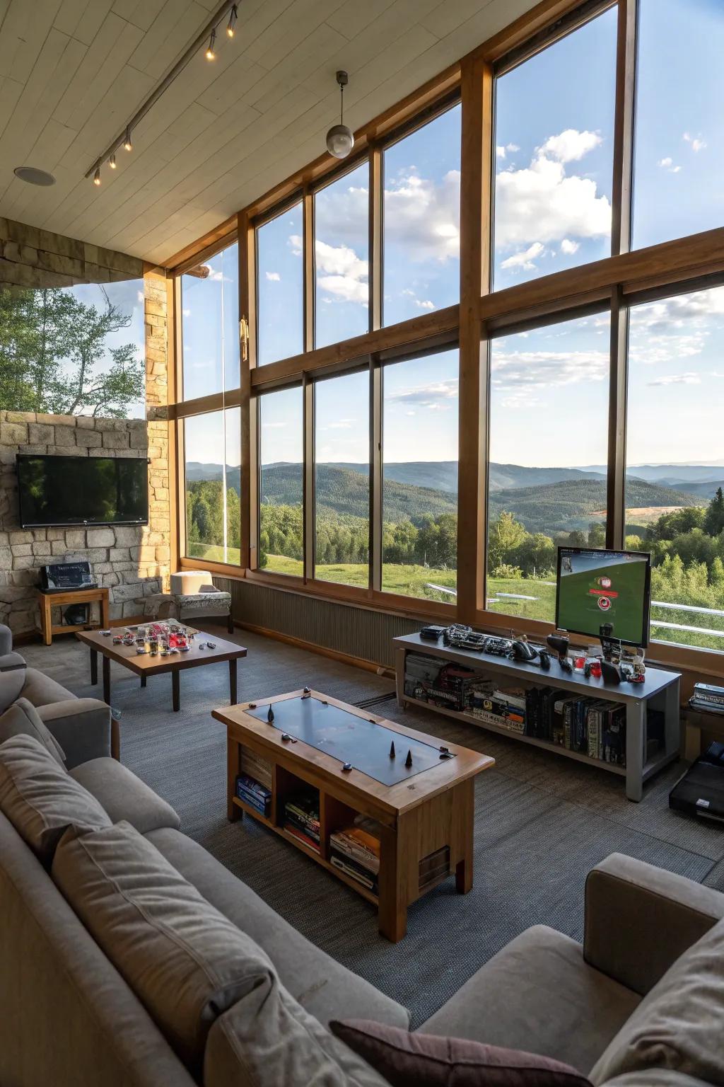 Expansive panes bring the beauty of nature into your entertainment space.