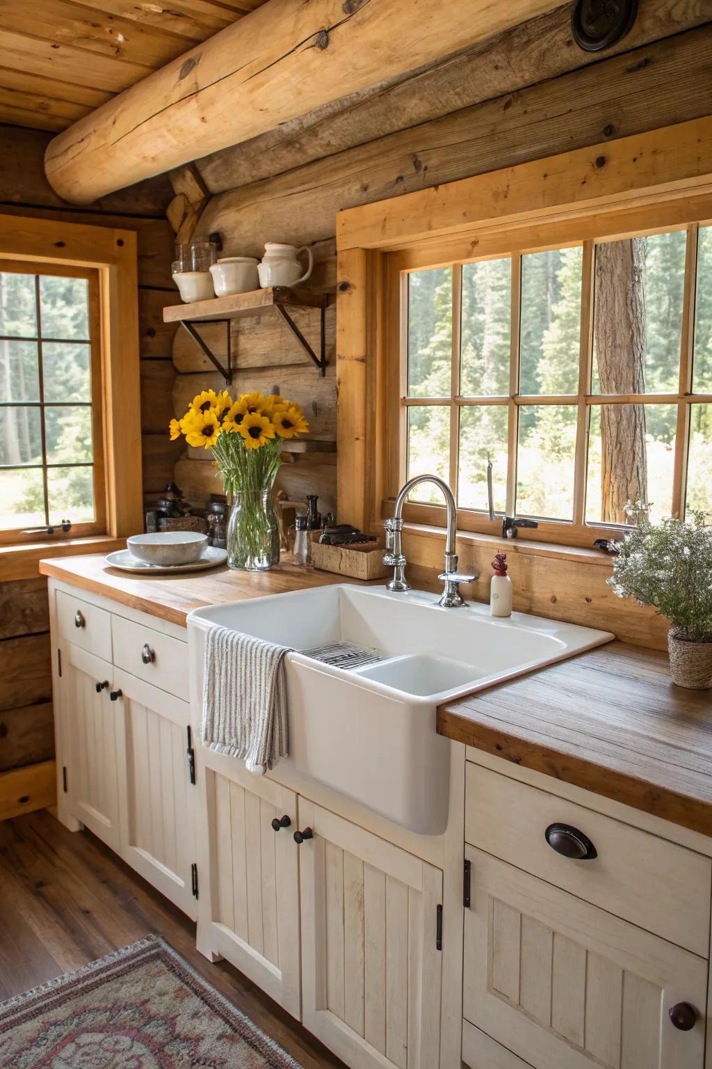 A country-style basin is a captivating and functional addition to any cabin kitchen.