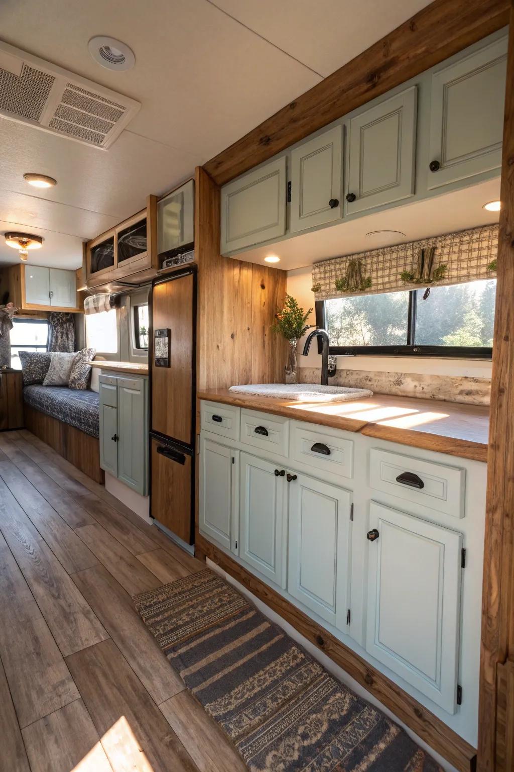 Wood accents bring warmth to painted cabinets.