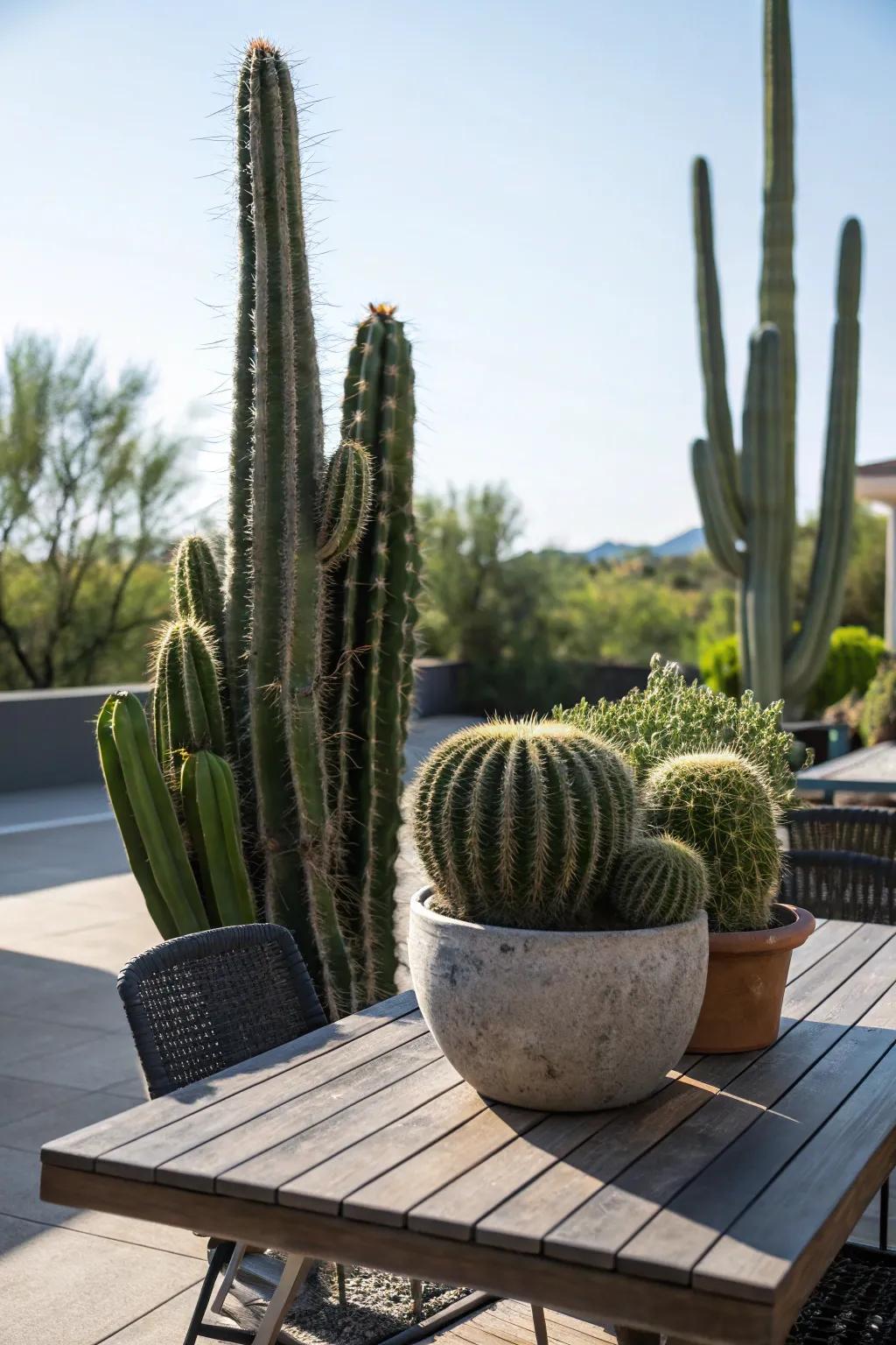 Substantial cacti on a patio table establish a desert-inspired oasis.