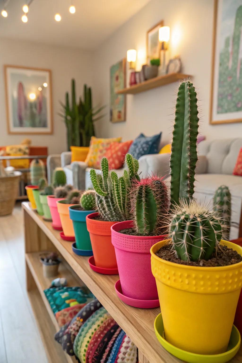 Painted pots contribute a dash of color to your collection of cacti.