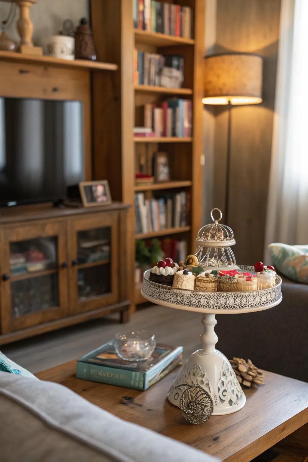 A cake stand serves as a platform for displaying cherished collectibles.