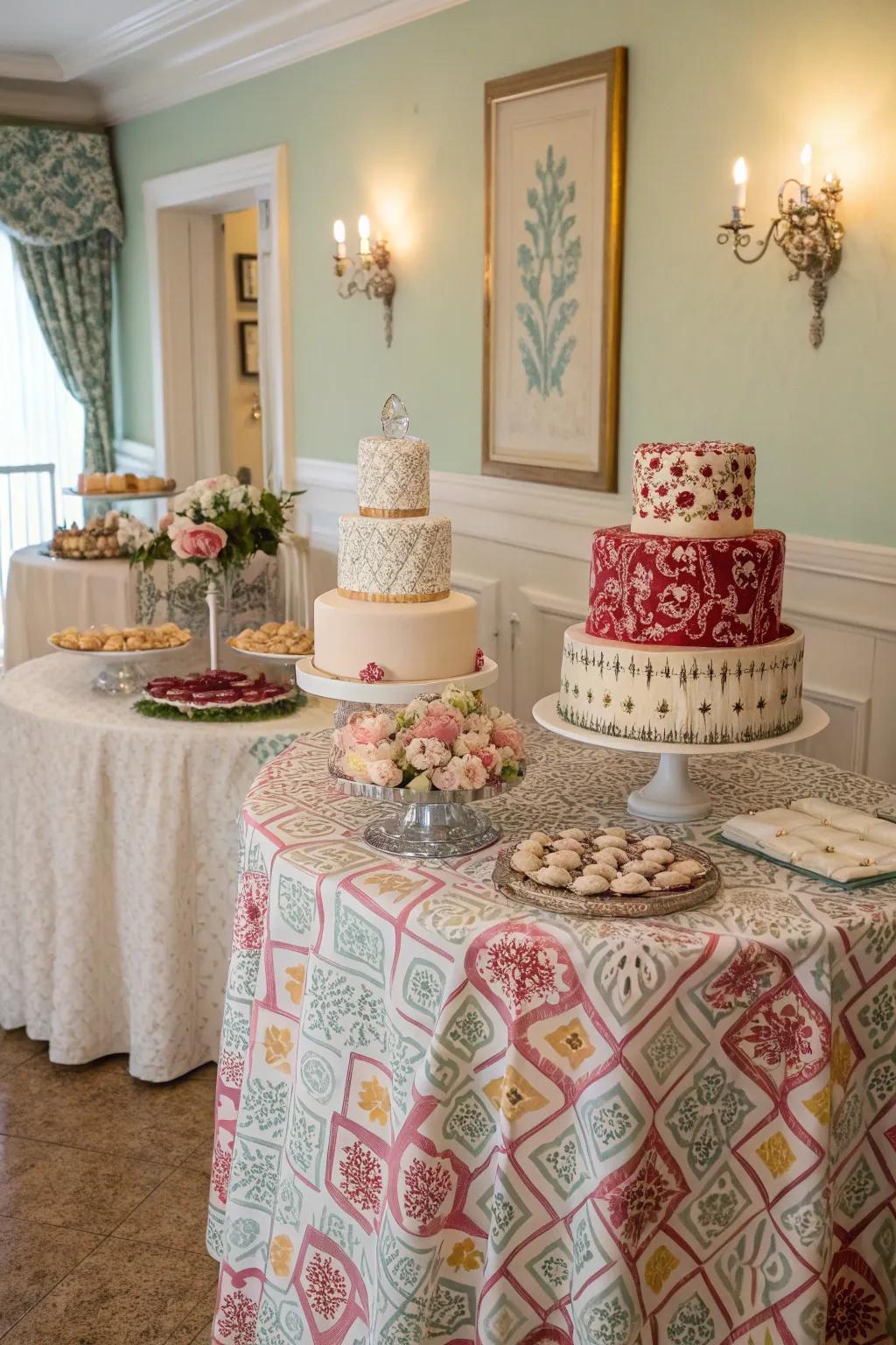 A cake table showcasing matching fabrics, enhancing the overall aesthetic with coordinated shades.