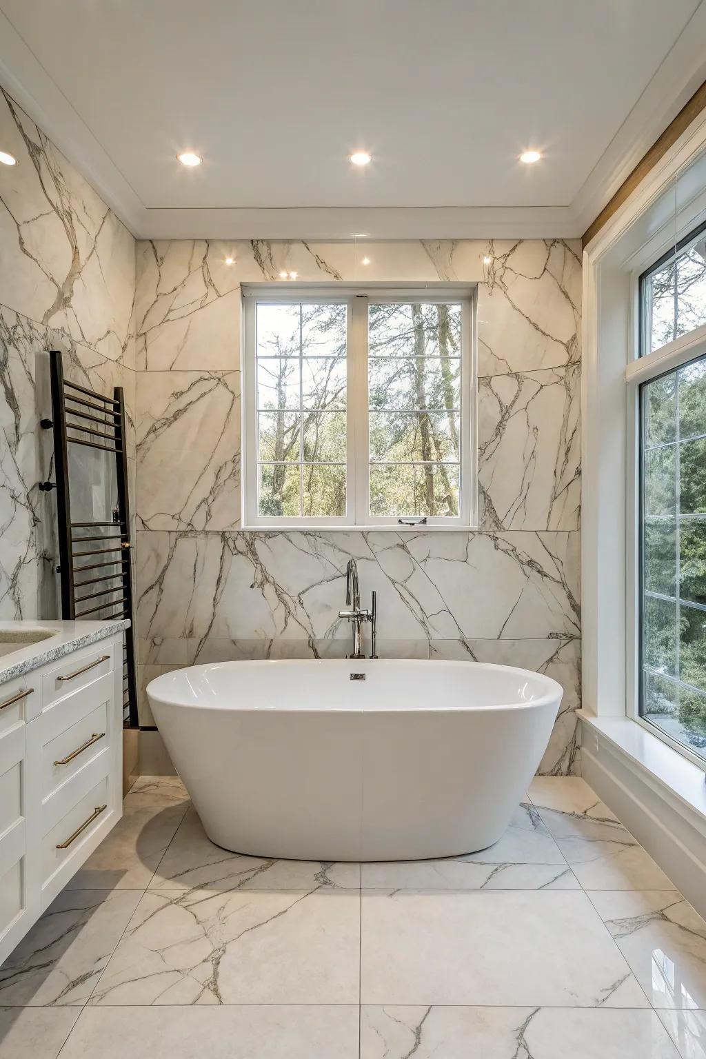 A spa-like bathroom showcasing a self-supporting tub against Luminous Stone slabs.