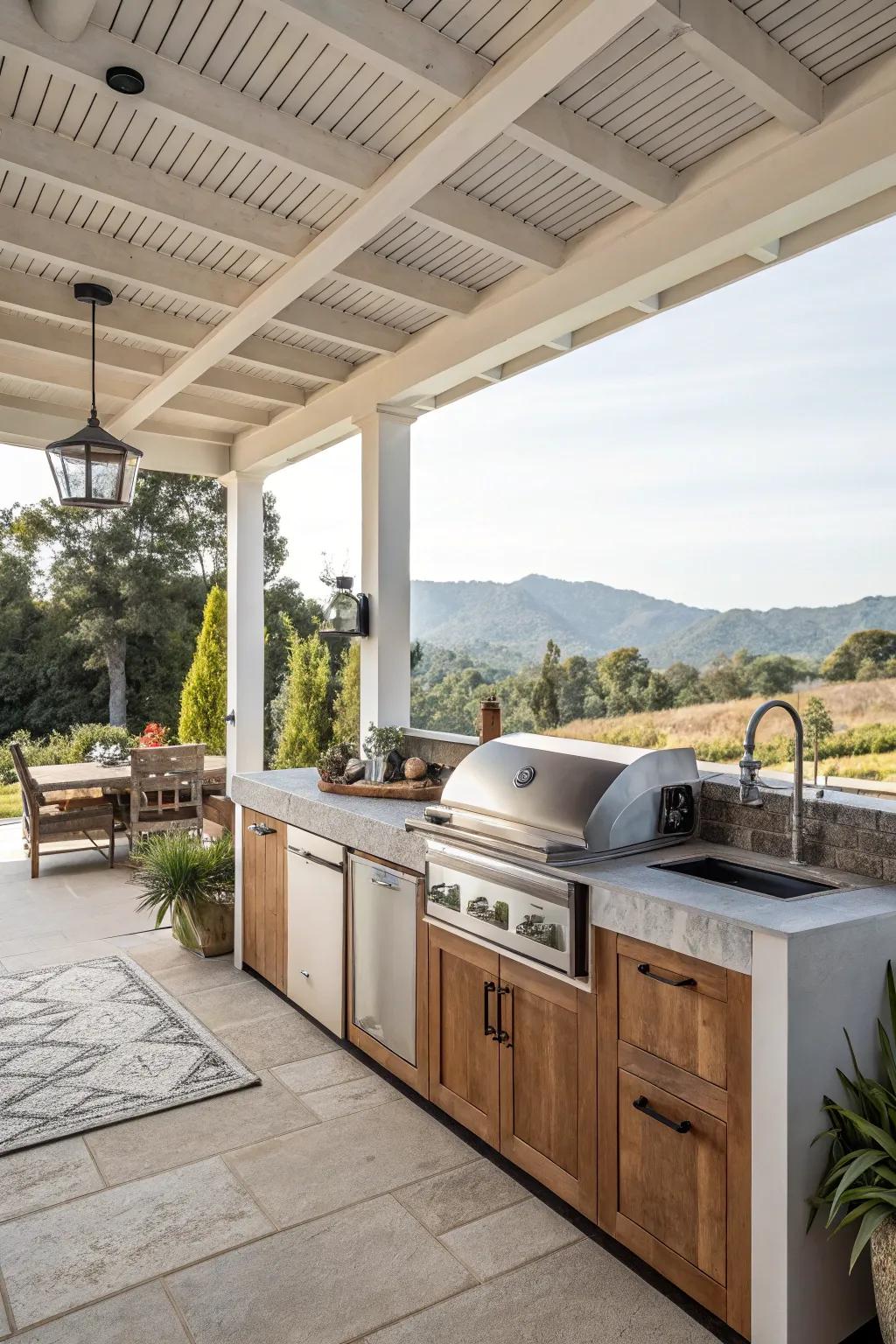 Outdoor cooking space in a California room for alfresco dining.
