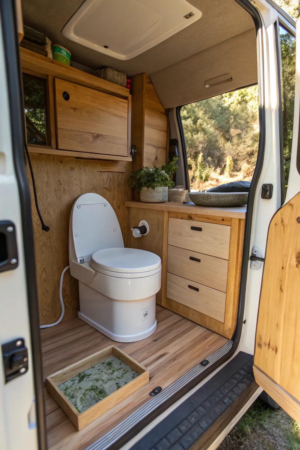 An eco-conscious mulching toilet arrangement in a camper van.