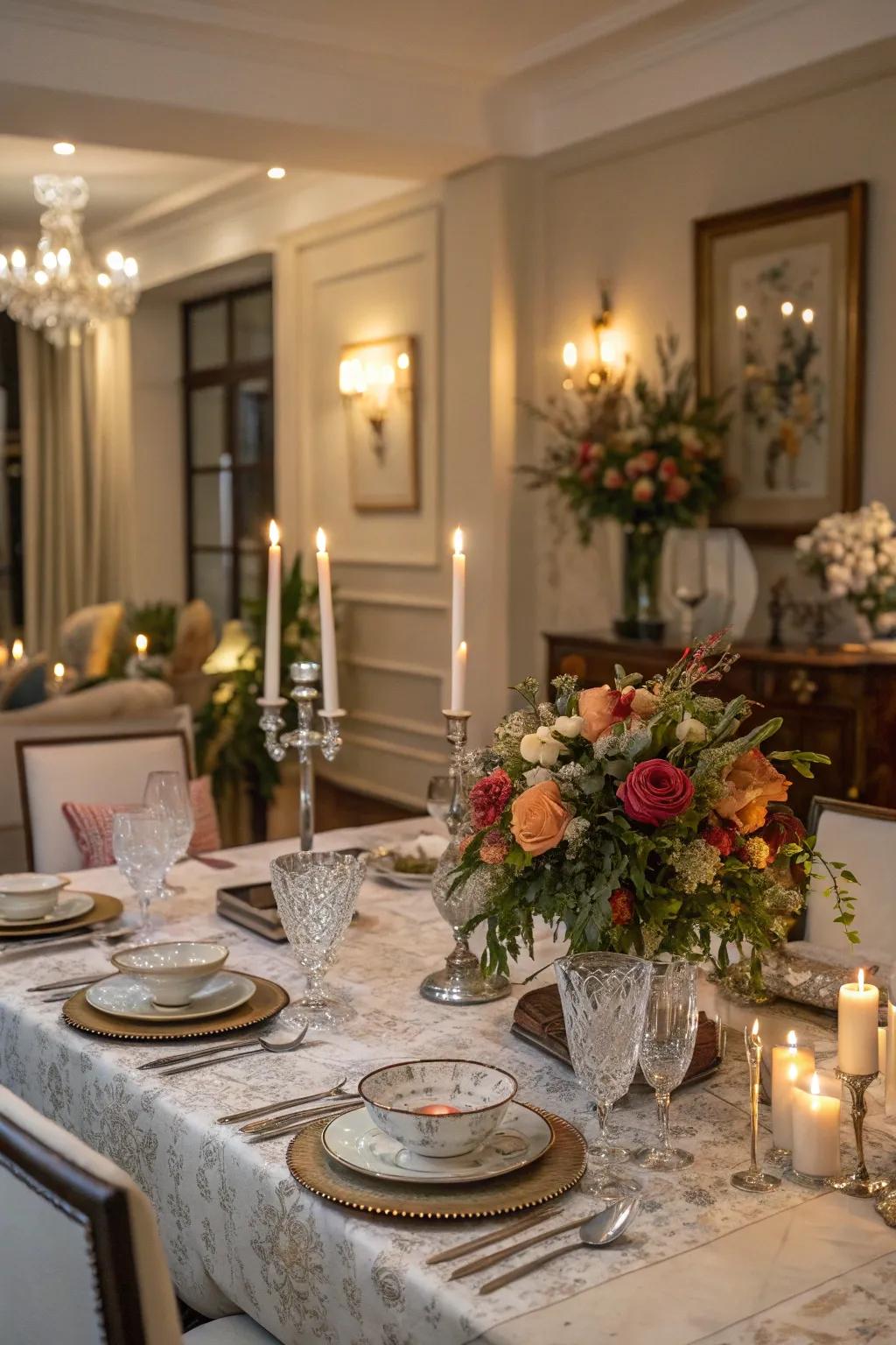 Elegant tablescapes are uplifted through the radiance of lights.