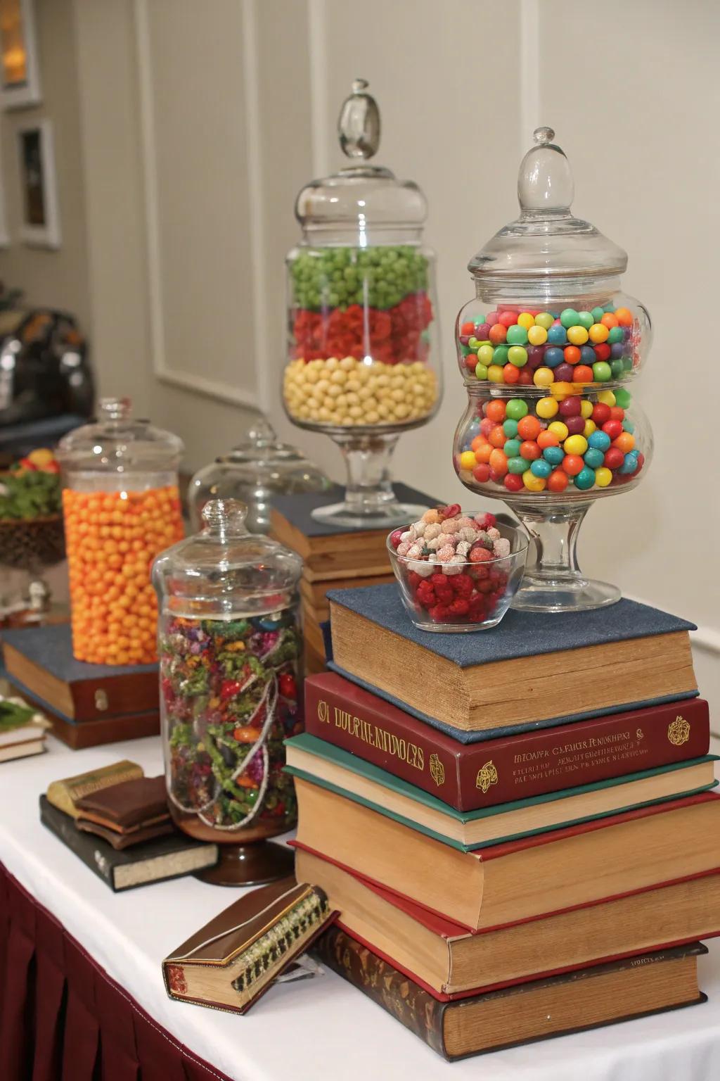 Stacked books can create elegant height differences in your candy display.