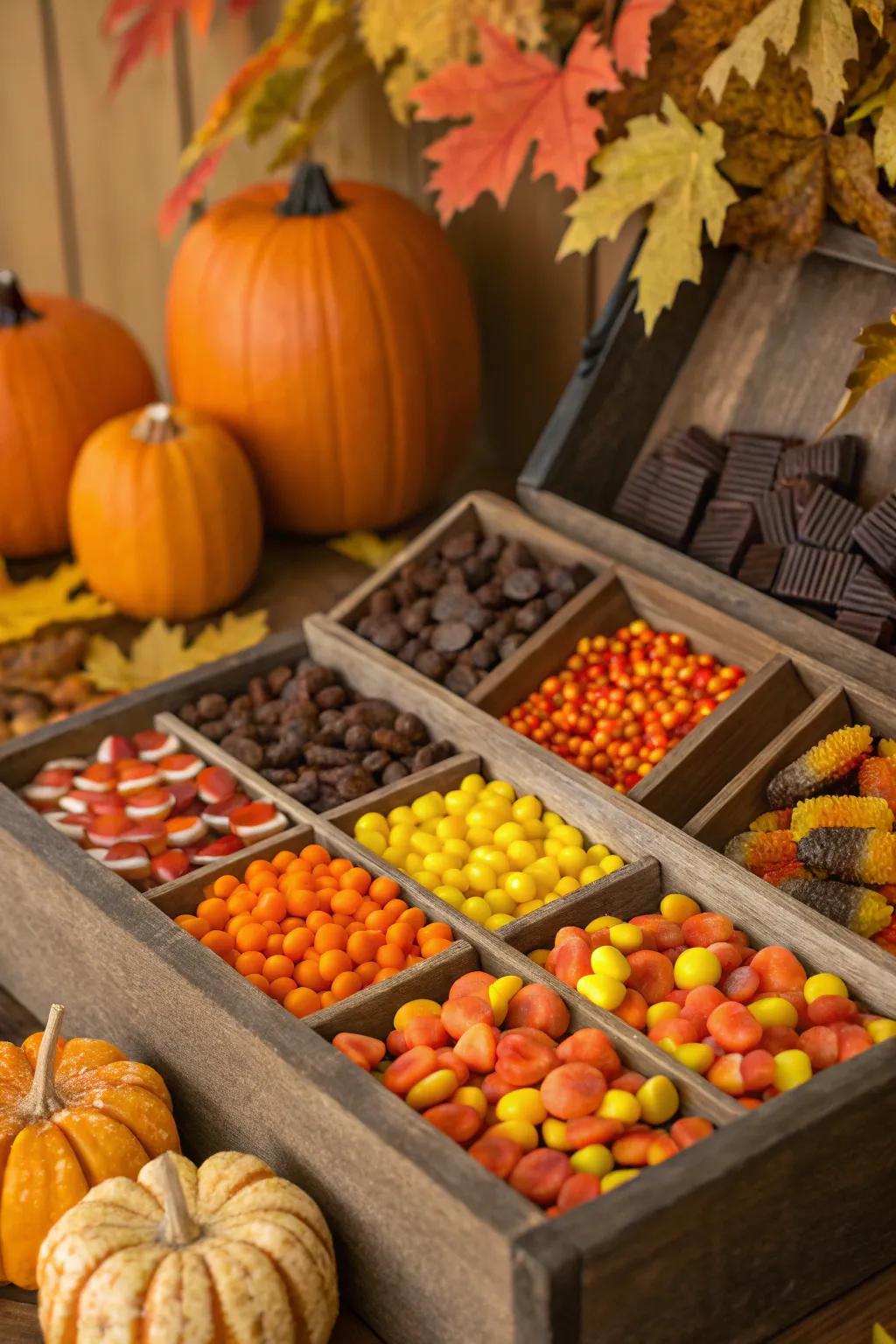 A candy display with a touch of seasonal charm.