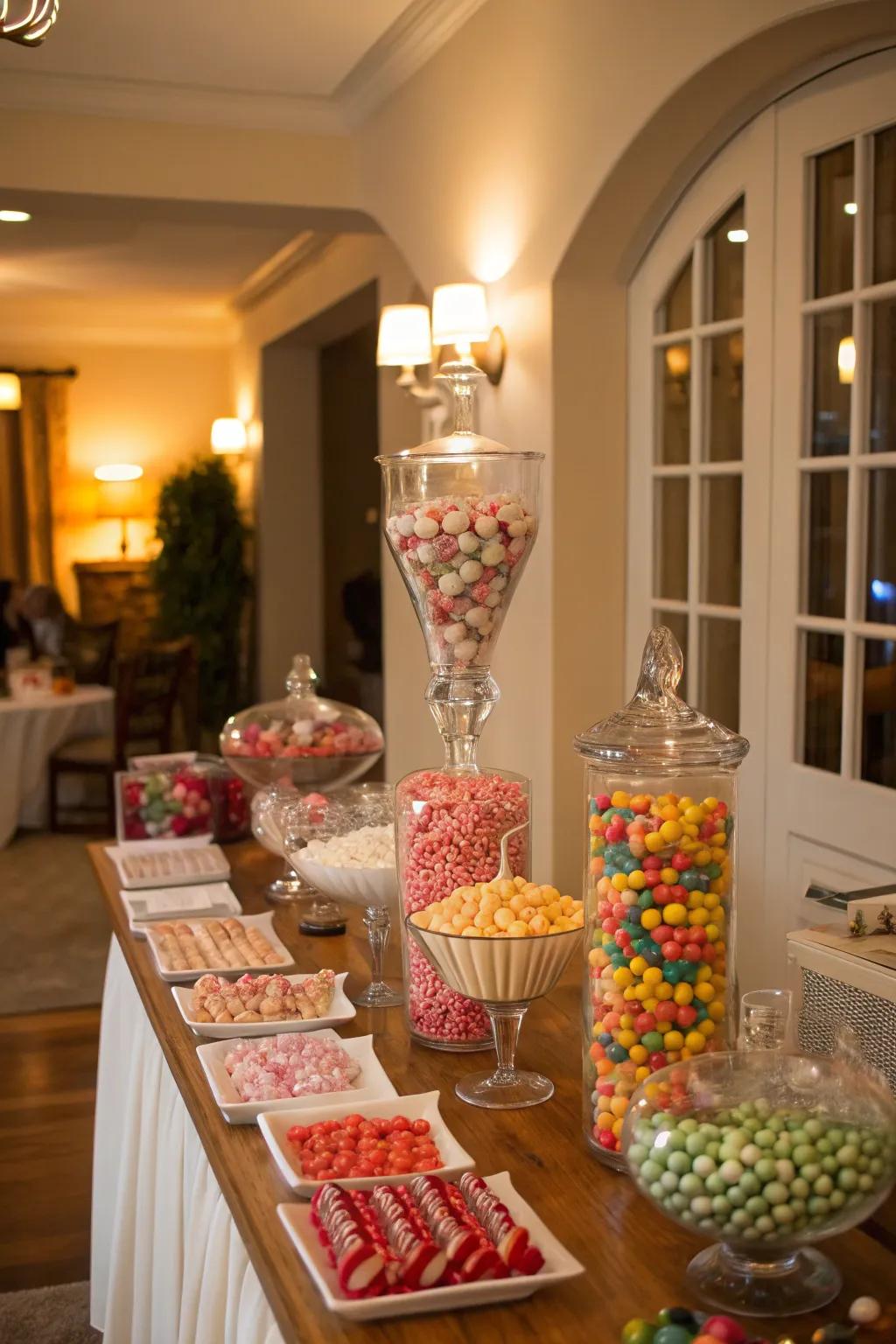 A symmetrically designed candy table with balanced arrangements