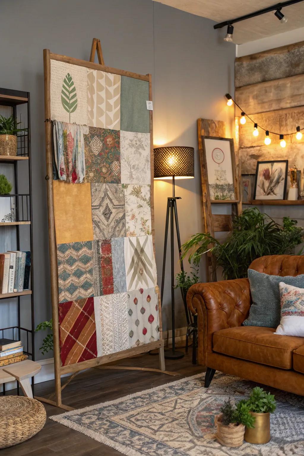 Varied material compositions in an eclectic living room