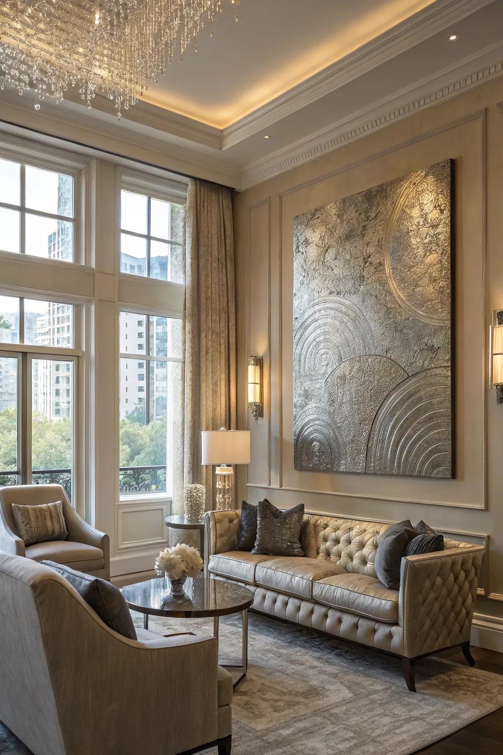 Textural and metallic art enriches depth and a hint of glamour.