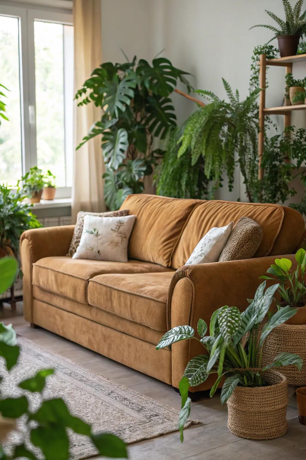 Foliage infuses energy into a tawny sofa lounge.