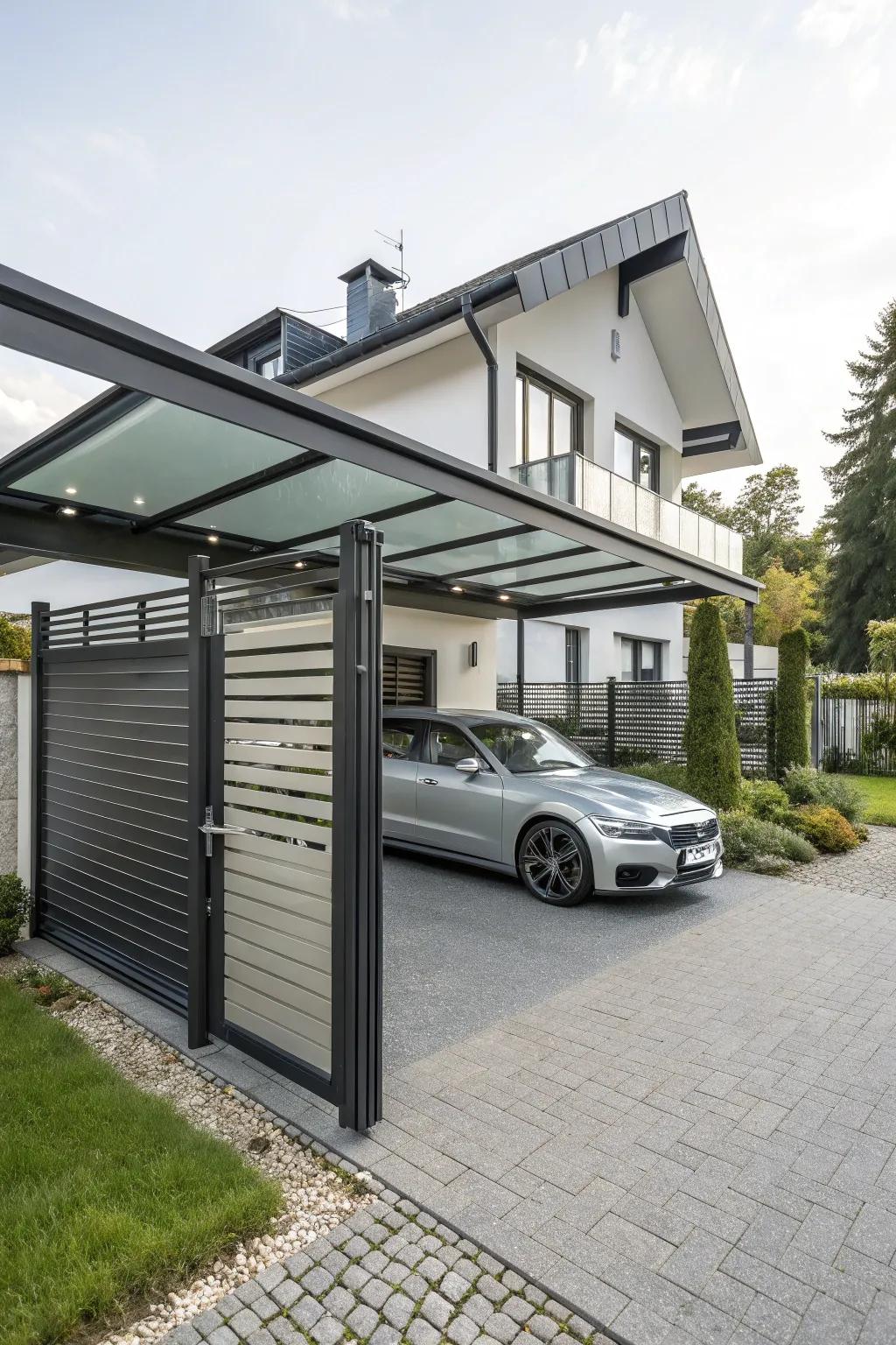 A modern carport featuring motorized gates for optimal ease of use and security.