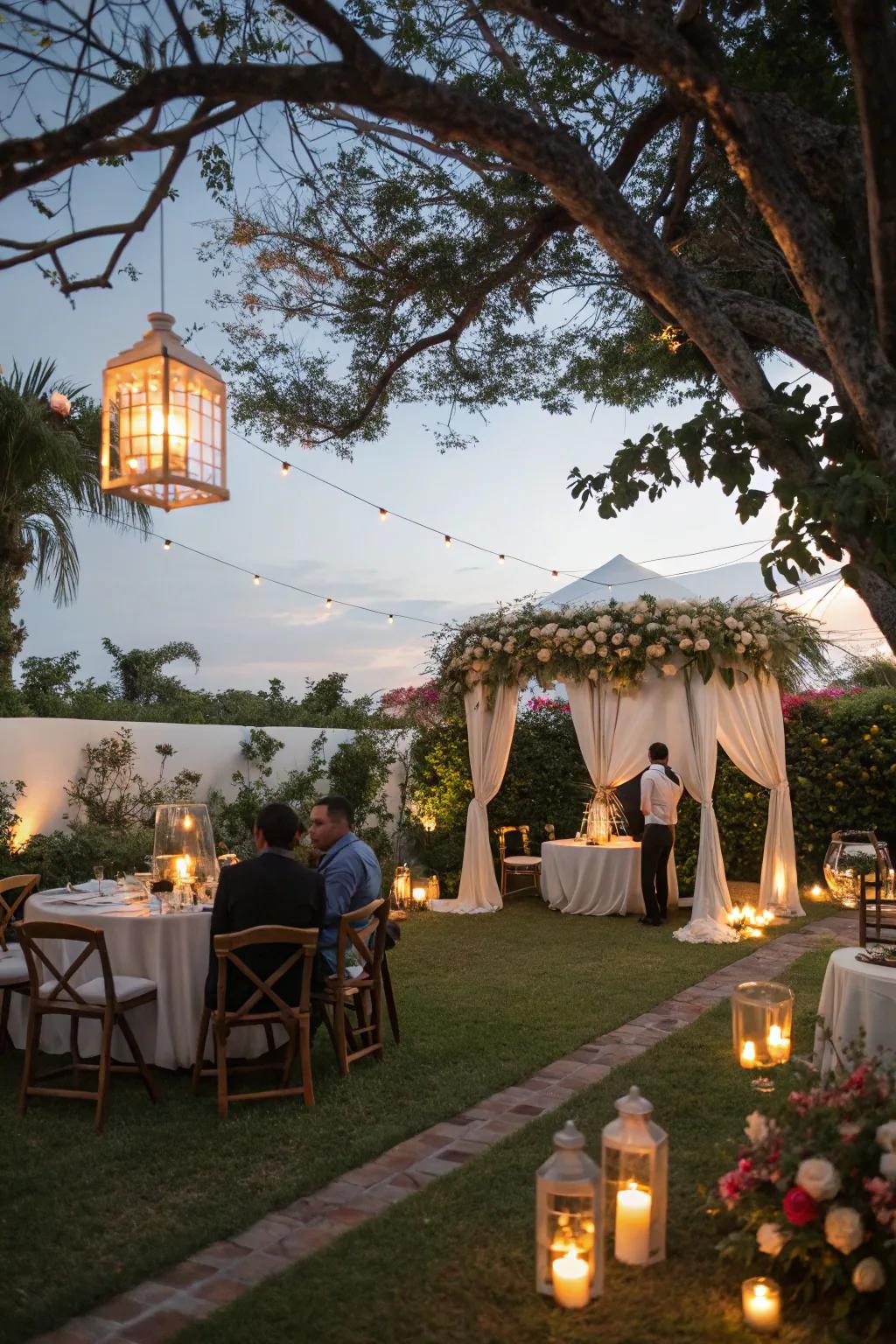 Candles and lights provide a cozy, personal glow at the wedding.
