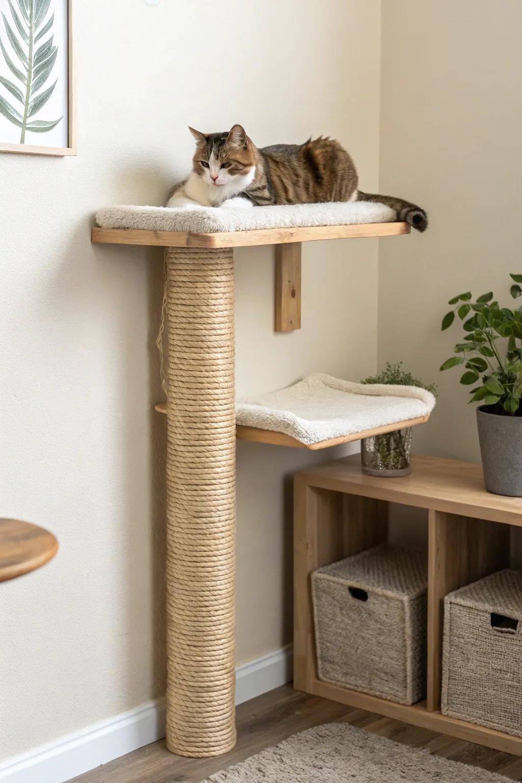 Wall-mounted scratcher and lounge combo for active relaxation.