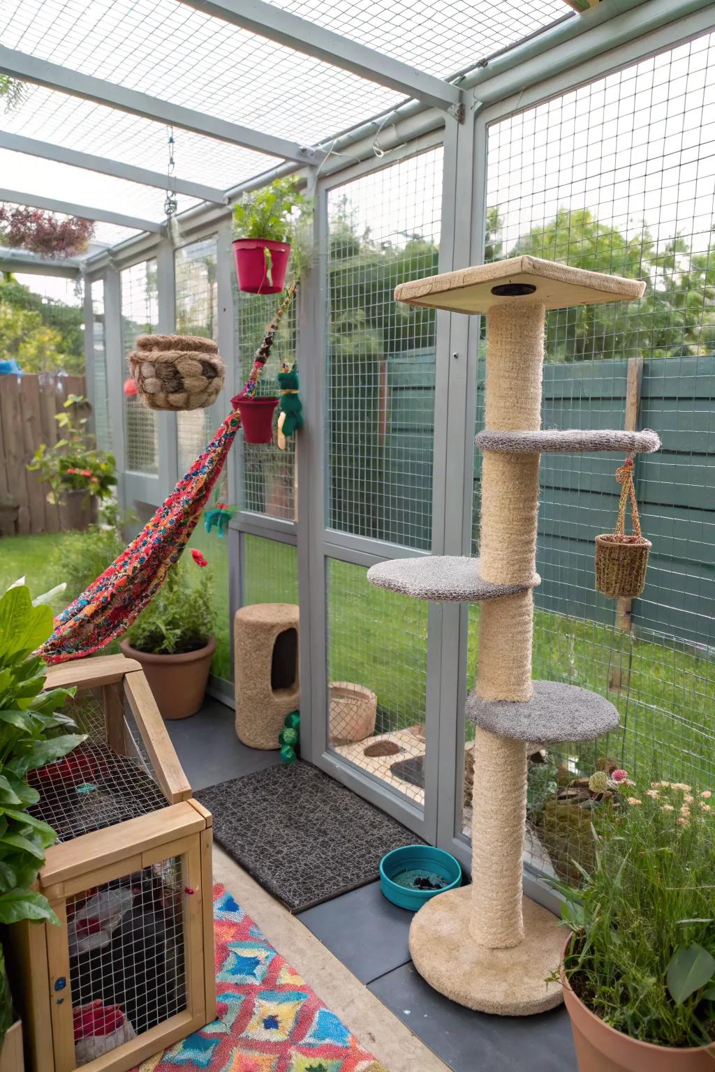 Tactile sectors in a catio that engage a cat&rsquo;s senses with feels and fragrances.