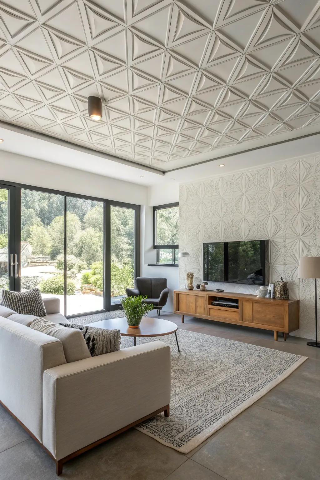 A chic living room features modernistic geometrical ceiling shingles.