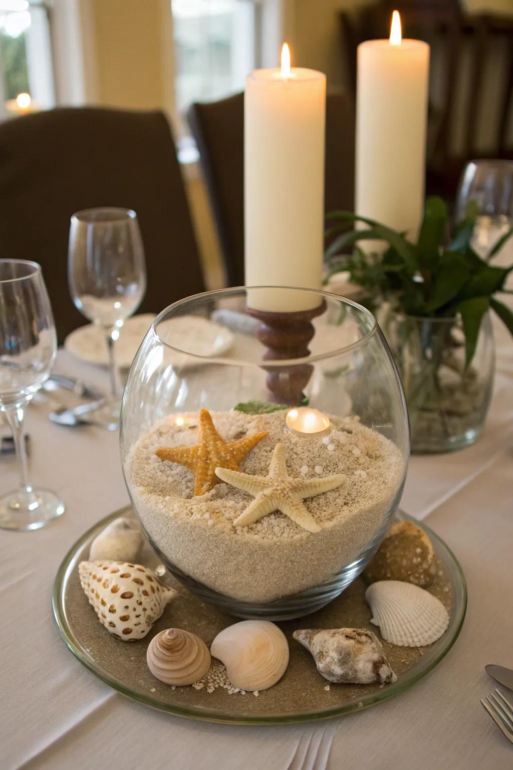 Seaside allure with a see-through container centerpiece foundation.