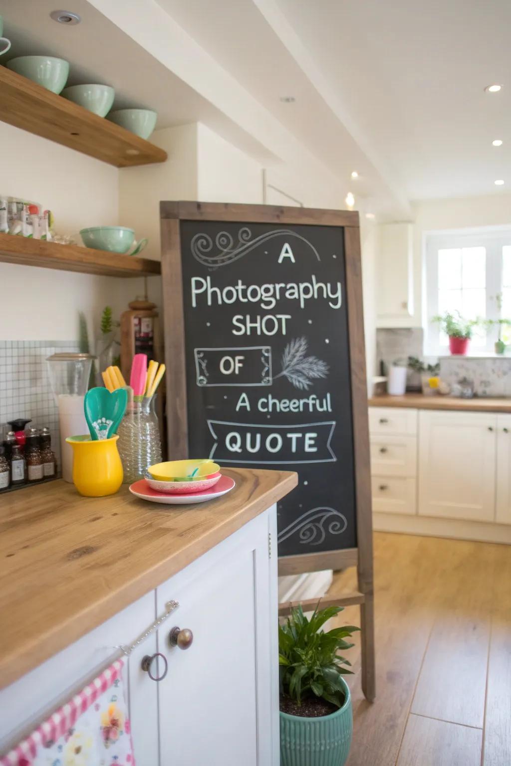 Whimsical phrases and quotations bring a smile to guests’ faces in this cheerful kitchen.