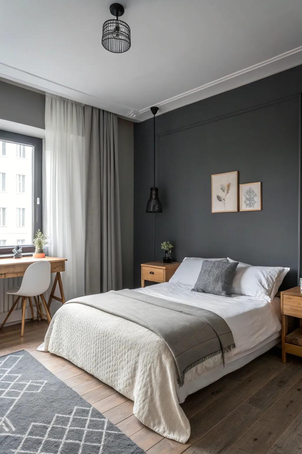 The best simplicity within a deep gray-themed bedroom.